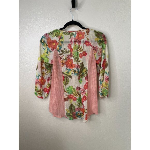 Meadow Rue Floral Crochet Blouse XS Boho Pink Green Sheer 3/4 Sleeve Top - Picture 4 of 5